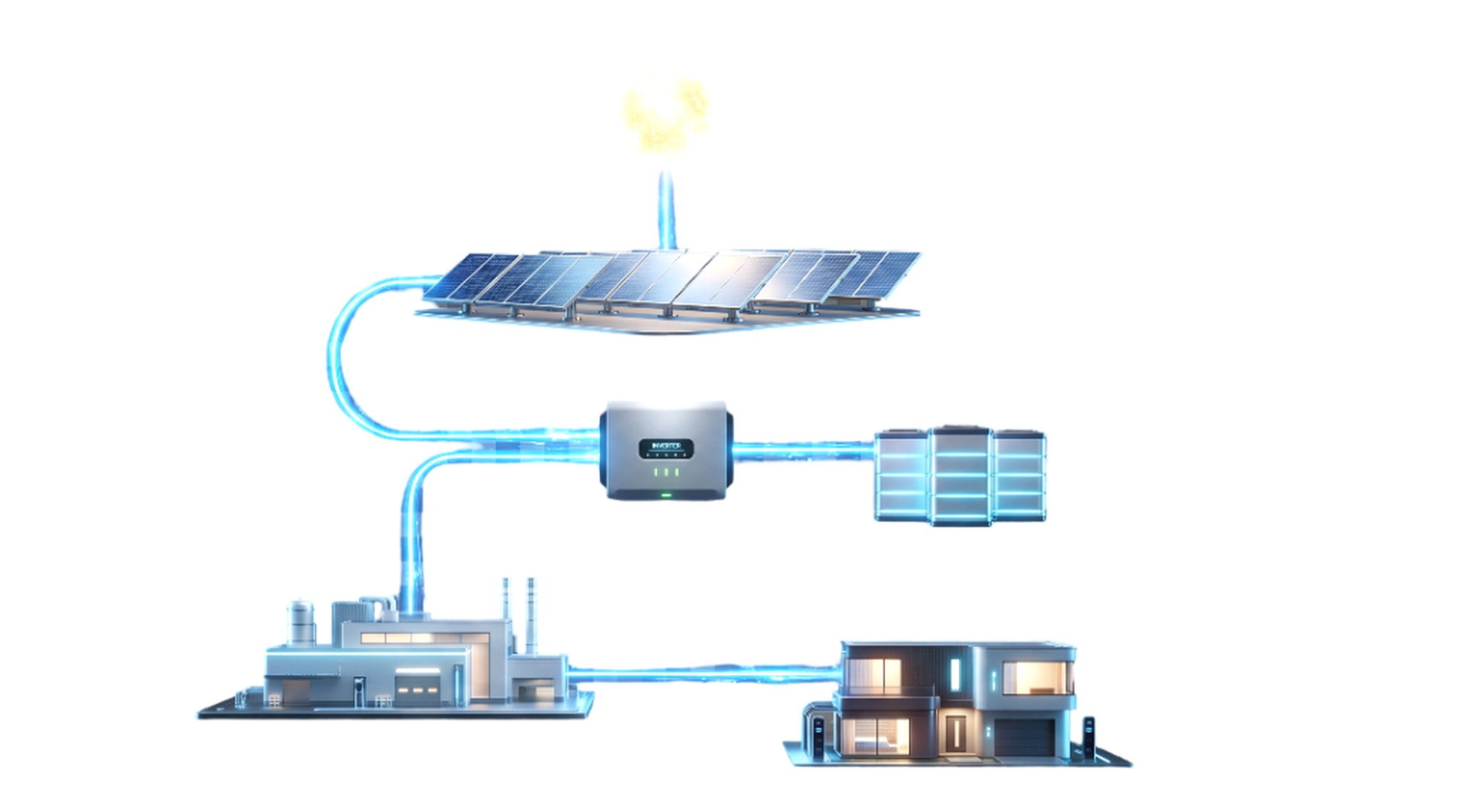 Solar Energy Flow Diagram — Sun to Panels to Inverter to Home and Factory